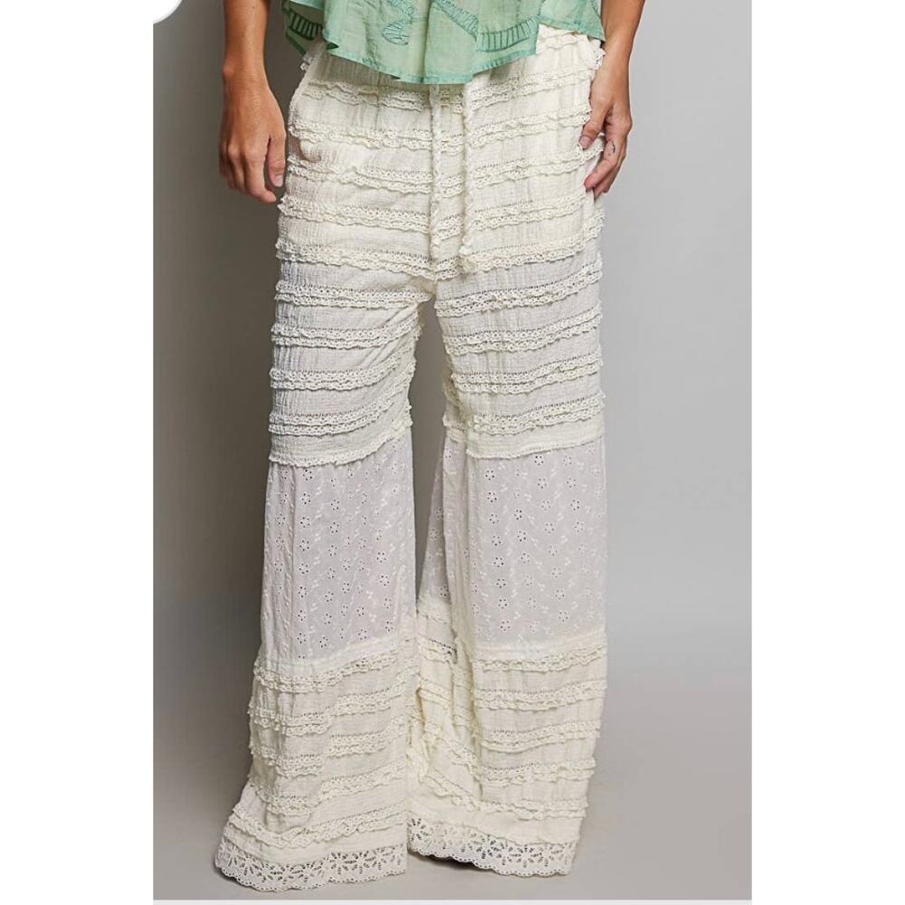 POL Lace & Eyelet Wide-Leg Knit Pants - Small